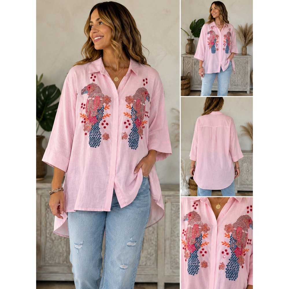 An'ge Shirt Parrot Embroidered Sequin Pink Cotton Boho Size M